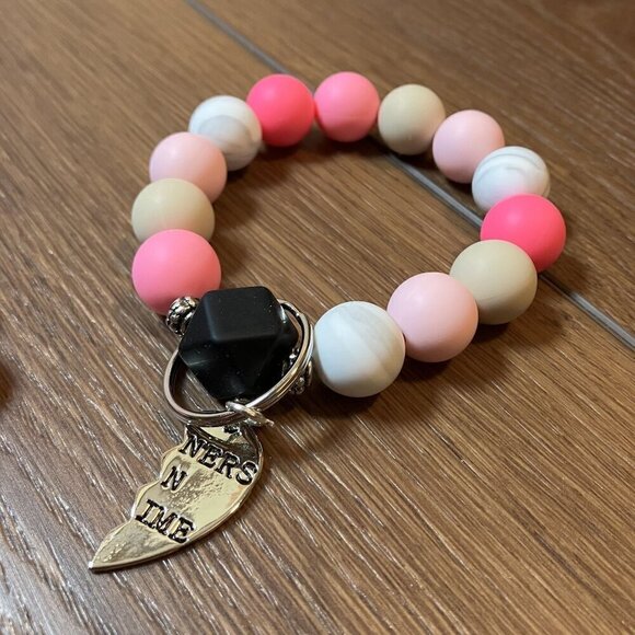 Handmade "Partners in Crime" Set of Pink/White Keychains Best Friend Gifts - Picture 6 of 6